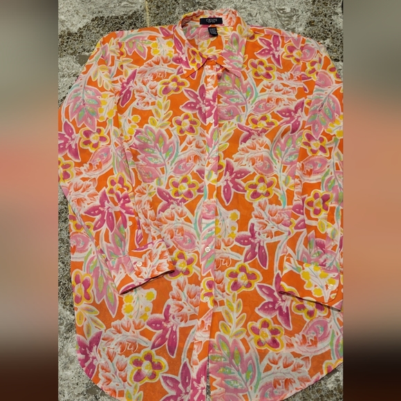 Chaps by Ralph Lauren Georgette Floral Coral Button Blouse Top. Womens Plus 1X - Picture 1 of 4